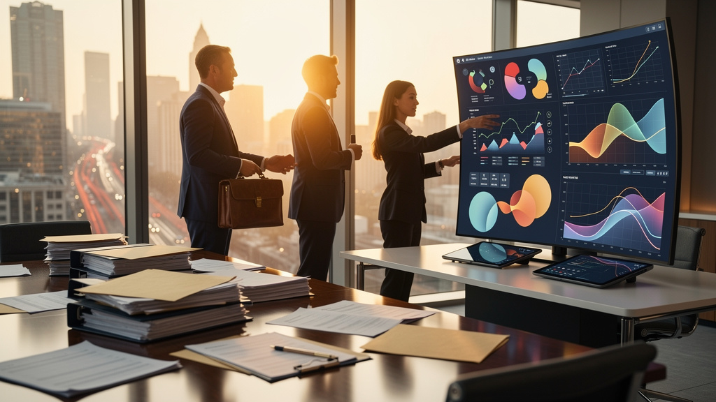 Broker-dealer operations team reviewing advisor transition dashboards with AI-powered workflow automation