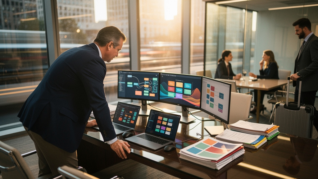 RIA operations director reviewing transition technology vendor scorecards at a desk