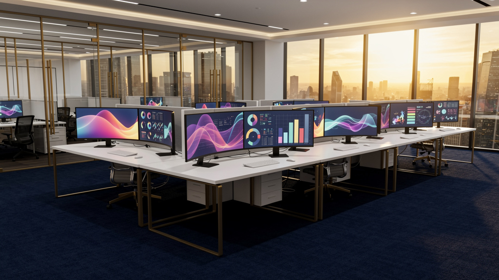 Wealth management back-office team reviewing automated document processing workflow on multiple monitors