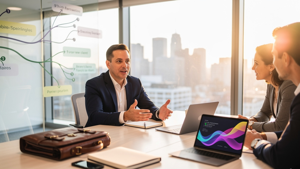 Confident financial advisor in a professional meeting, engaged in an animated conversation with prospective clients