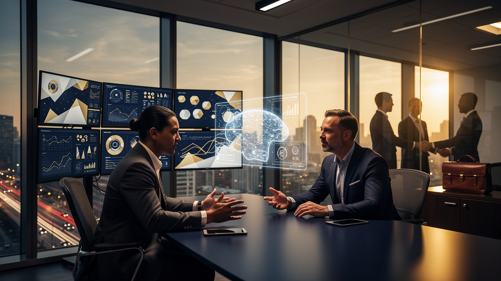Wealth management professionals in a modern office reviewing digital dashboards on multiple screens