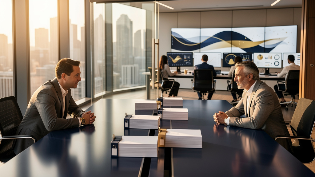 Operations professional organizing stacks of financial documents at a modern desk with multiple monitors