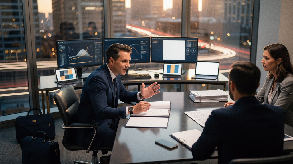 Financial advisor reviewing transition documents with a concerned expression at a conference room table