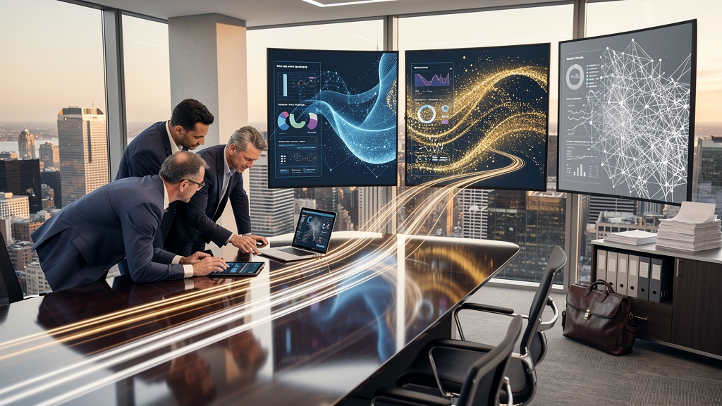 Wealth management technology team evaluating platform options on a large conference room screen with comparison matrix