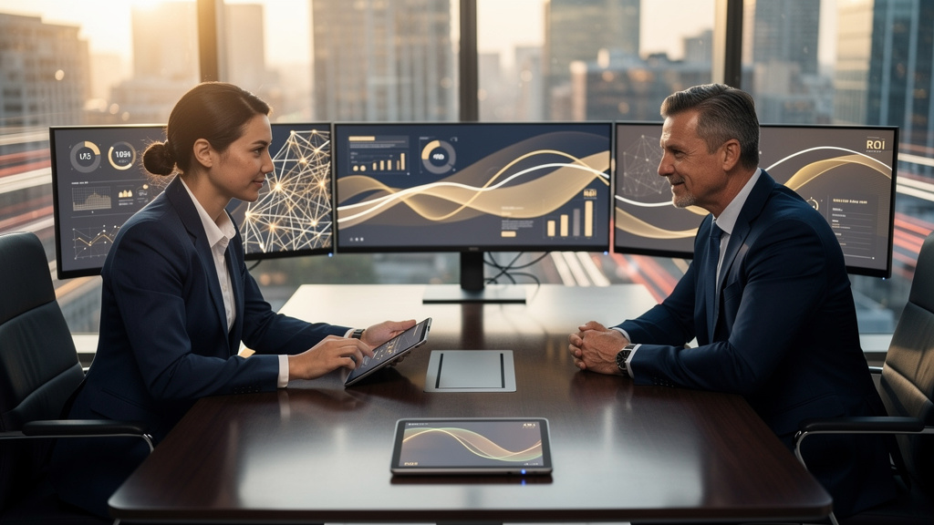 Chief Financial Officer reviewing technology ROI analysis and payback period calculations in a financial services boardroom