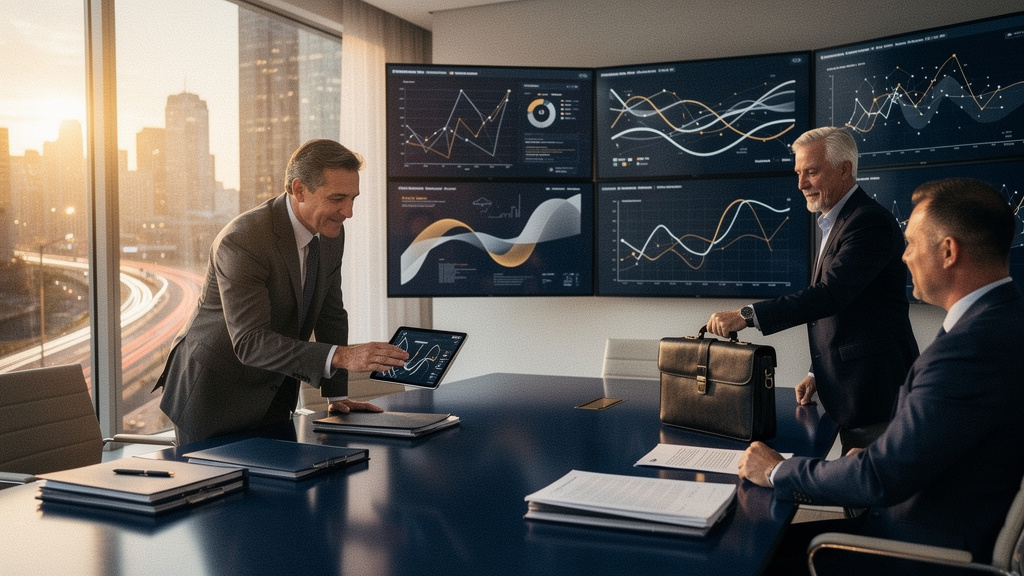 Private equity operating partner reviewing a multi-deal advisor transition dashboard across screens