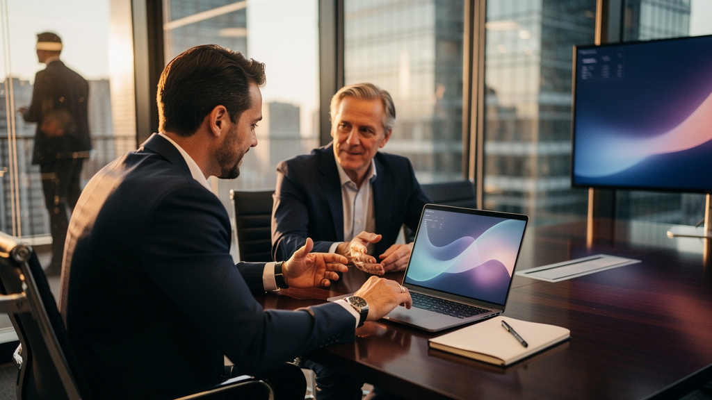 Financial advisor reviewing AI-generated meeting notes on a laptop after a client conversation
