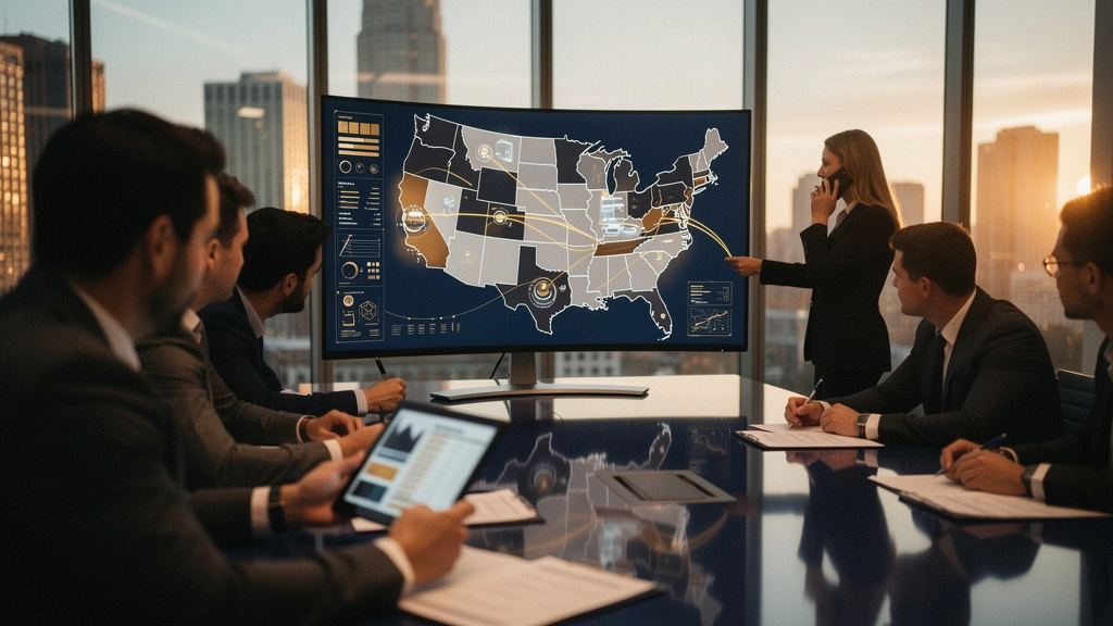 Compliance officer mapping SEC and state-by-state registration requirements on a planning whiteboard