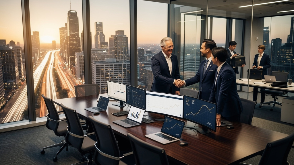 M&A integration team reviewing concurrent advisor transition pipelines on a strategy room dashboard