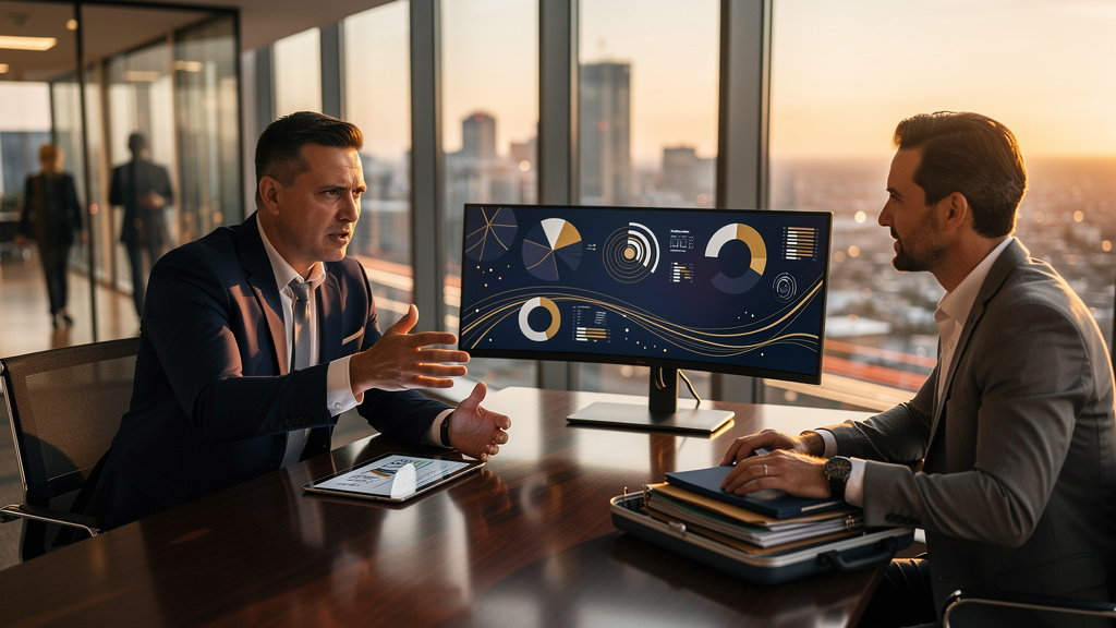 Advisor recruiter shaking hands with a transitioning advisor in front of a digital onboarding dashboard