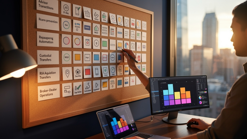 An operations director and her team coordinate a 21-day transition sprint at a daily standup in front of a wall calendar