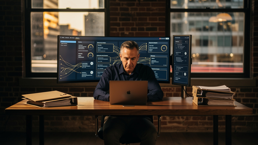 An RIA recruiting operations director reviews a wall of dashboards tracking concurrent advisor transitions in her open-plan office