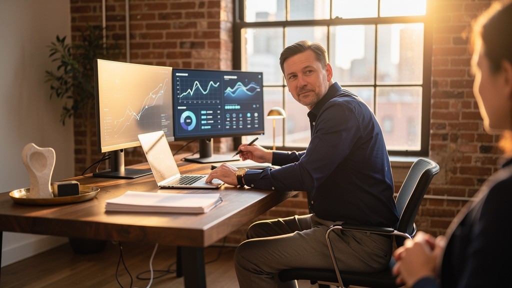 Advisor walking a client through a transition timeline on a tablet